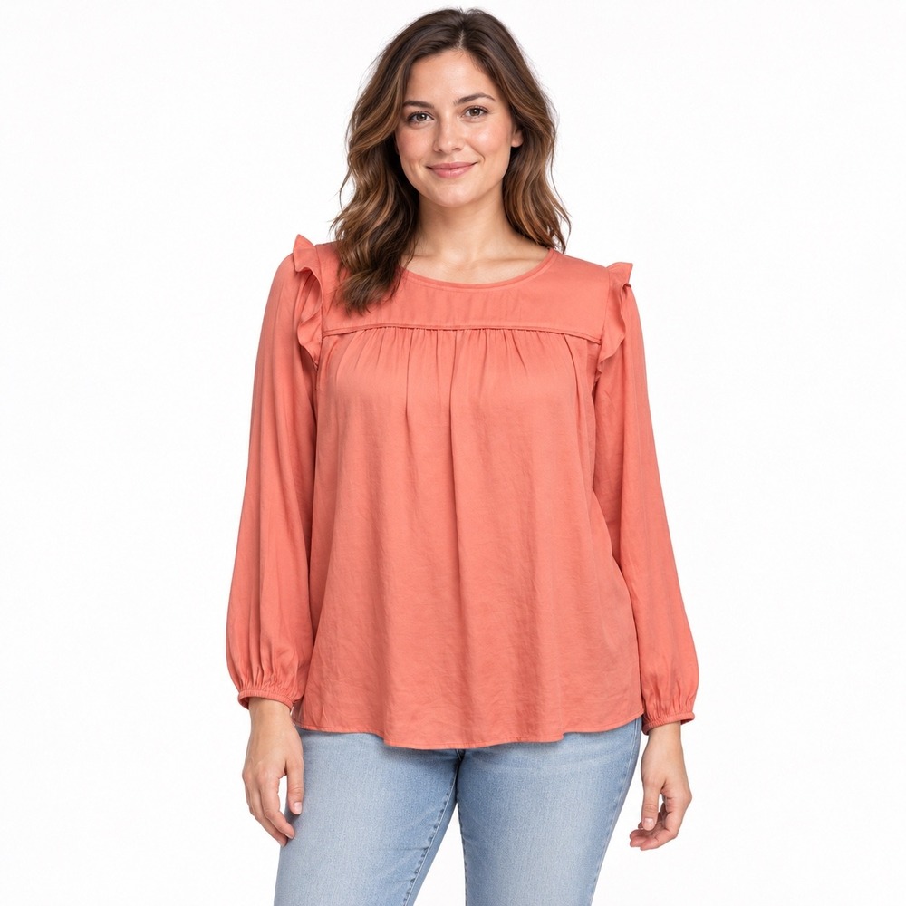 LOFT Outlet Blouse Size M Coral Ruffle Shoulder Long Sleeve Pleated Top Preppy